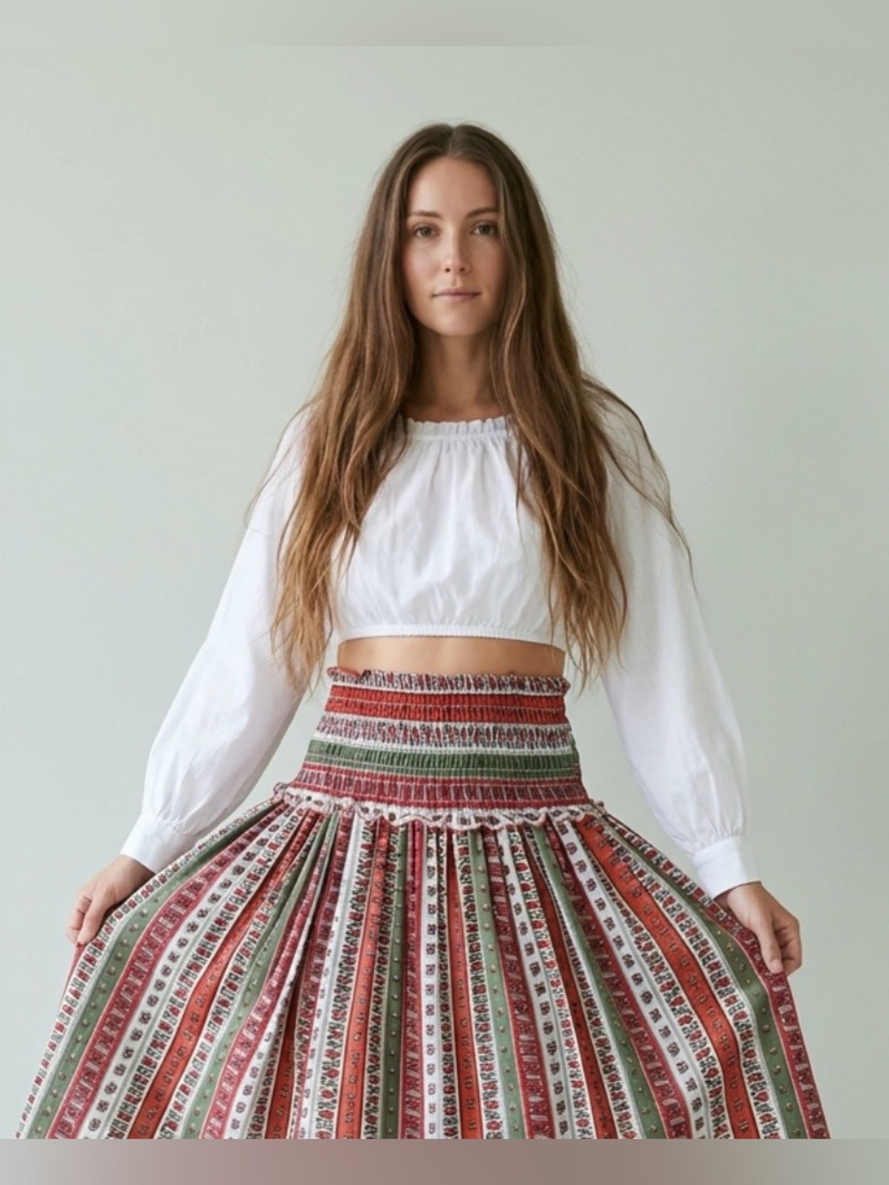 🇨🇦 Vintage Folk Art Smocked Convertible Skirt Dress Red Green Made in Canada - Picture 4 of 16
